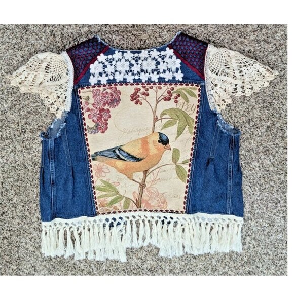 Upcycled XL Blue Denim Jean Vest Fringe Lace Applique Bird Hippie Boho Festival